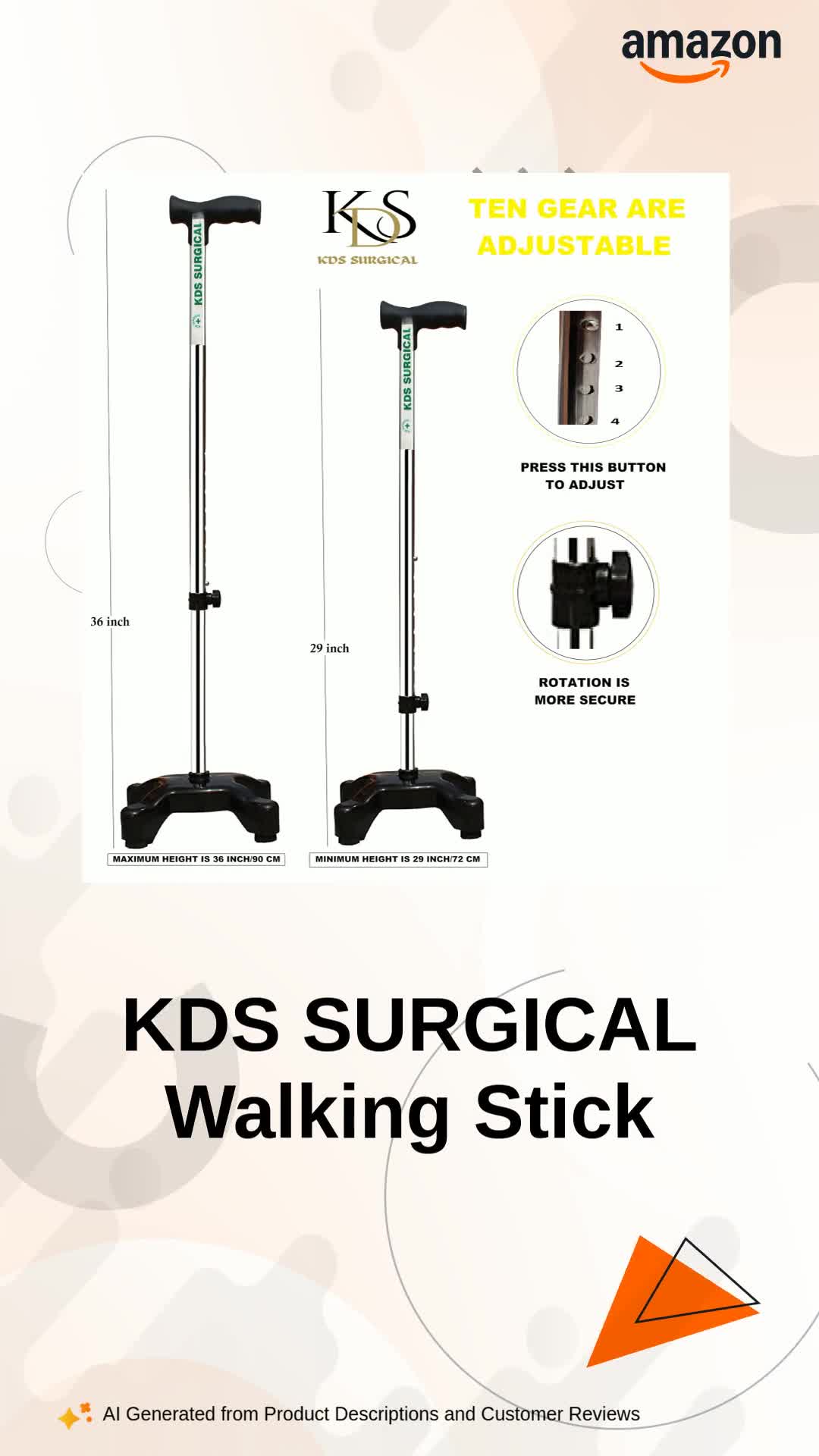 KDS SURGICAL Iron 4 Leg Quadripod Height Adjustable Walking Stick
