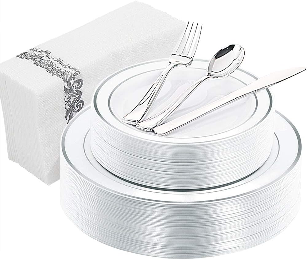 WDF150PCS Silver Plates Plastic - Disposable Plastic Silver plates Dinnerware include 25 Dinner Plates,25 Salad Plates,25 Forks, 25 Knives, 25 Spoons,25Disposable Napkins