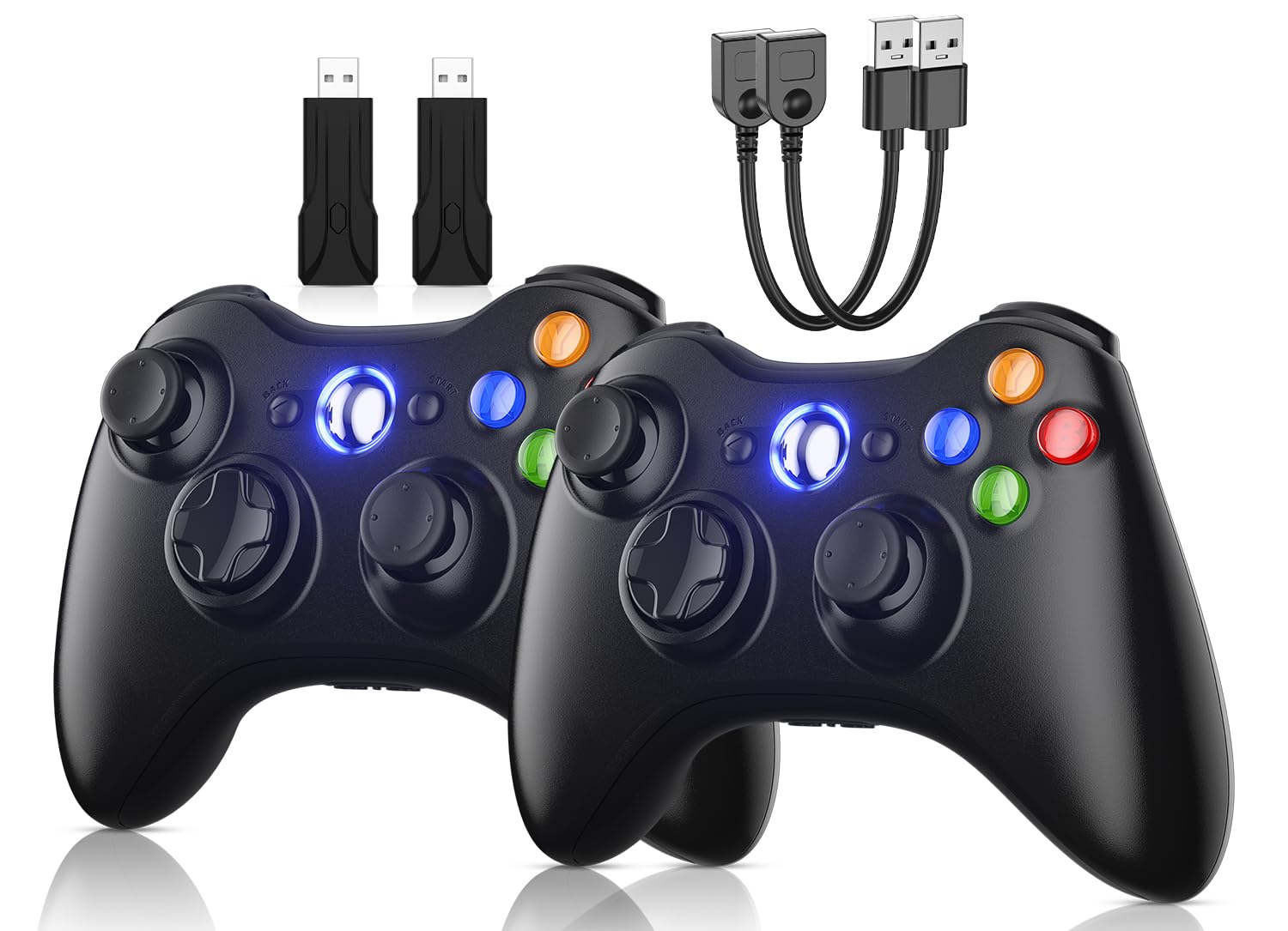 Gamrombo 2 Pack Replacement for Xbox 360 Controller, Compatible with 360 & Slim, Windows PC, Support Dual Shock, 2.5mm Audio Jack, with USB Extension Cable and USB Dongle