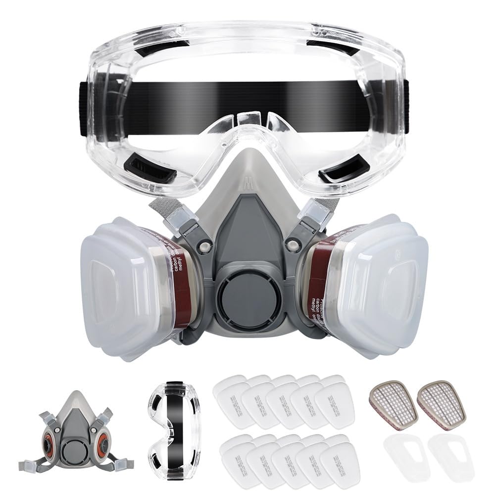 Maschera Respiratoria con Occhiali Protettivi, 20 Filtri Sostituibili, Kit Protezione Professionale per Verniciatura e Polveri