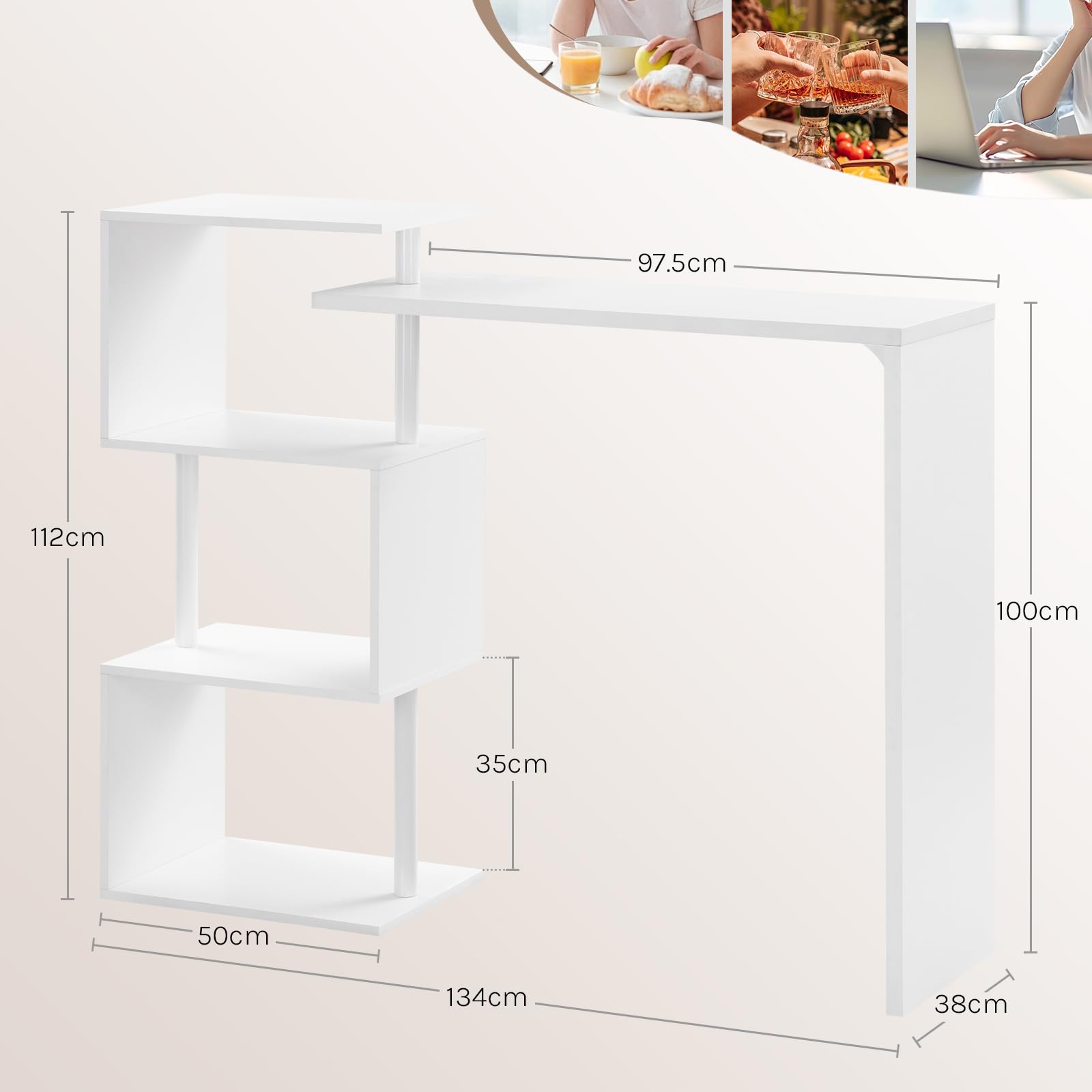 WOLTU Tavolo da Bar Alto con Mensole, Bancone Casa in Metallo e Legno Bianco, con 3 Ripiani, Scrivania Girevole, per Cucina, Sala da Pranzo, Soggiorno