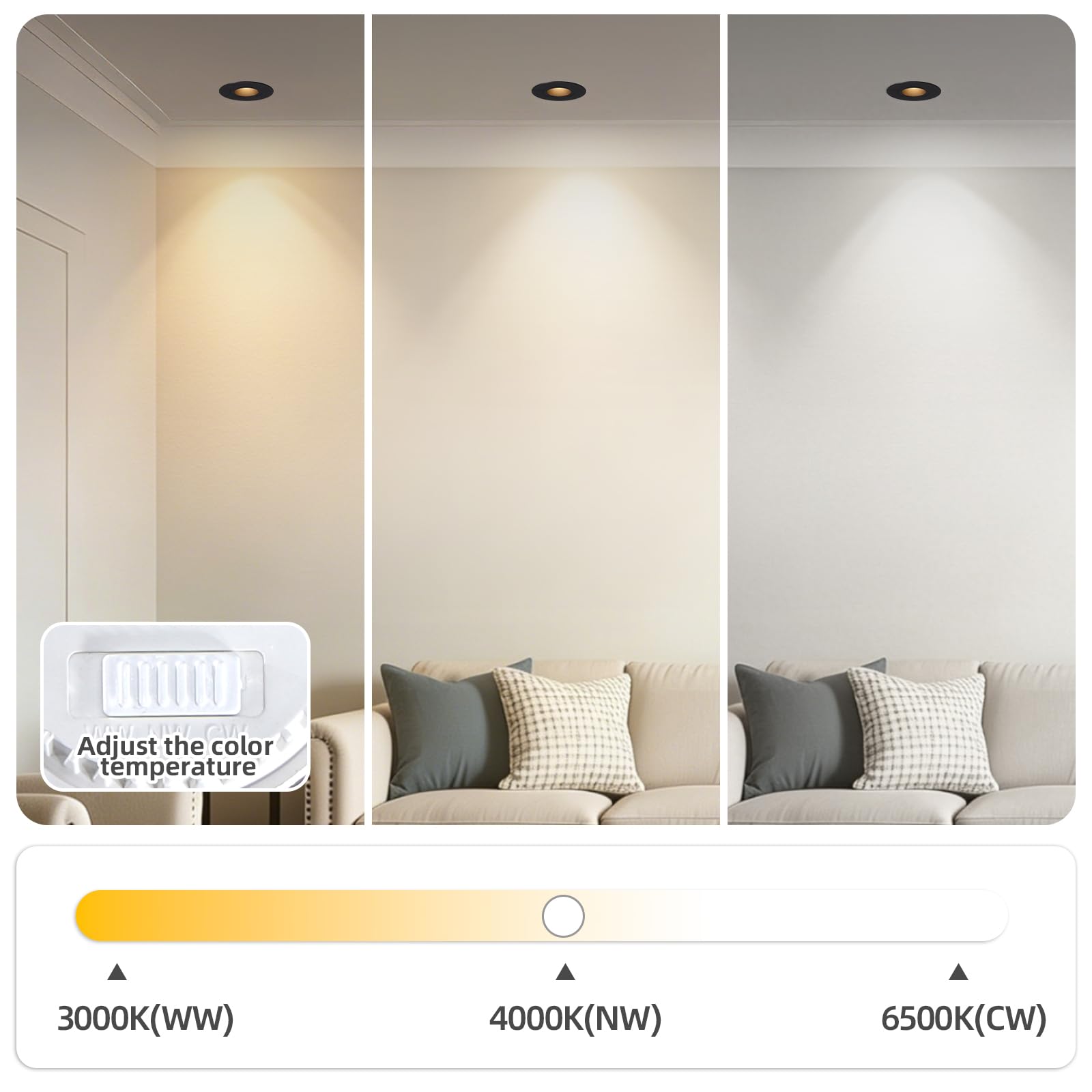 4er Einbaustrahler LED Dimmbar Deckenpots IP65, 5W 550lm Einbauspots 230V Modul, 3000K/ 4000K/ 6500K für Küche Flur, CRI90+ Blendfrei Ø70mm
