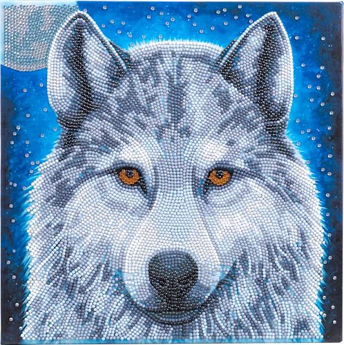 CRYSTAL ART - Kit Tableau Broderie Diamant sur Chassis Toilé - Activité Manuelle de Peinture - Loisirs Créatifs - Adulte et Enfant - Thème : Loup au Clair de Lune - Format : 30 x 30 cm