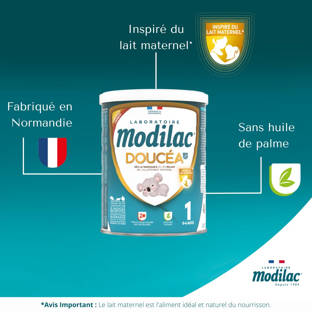 Modilac - Lait Infantile en Poudre Doucéa 1 - Convient en Relais de l'Allaitement Maternel - Fabriqué en France, Sans Huile de Palme - 1er Age, De 0 à 6 Mois - Lot de 4x400g