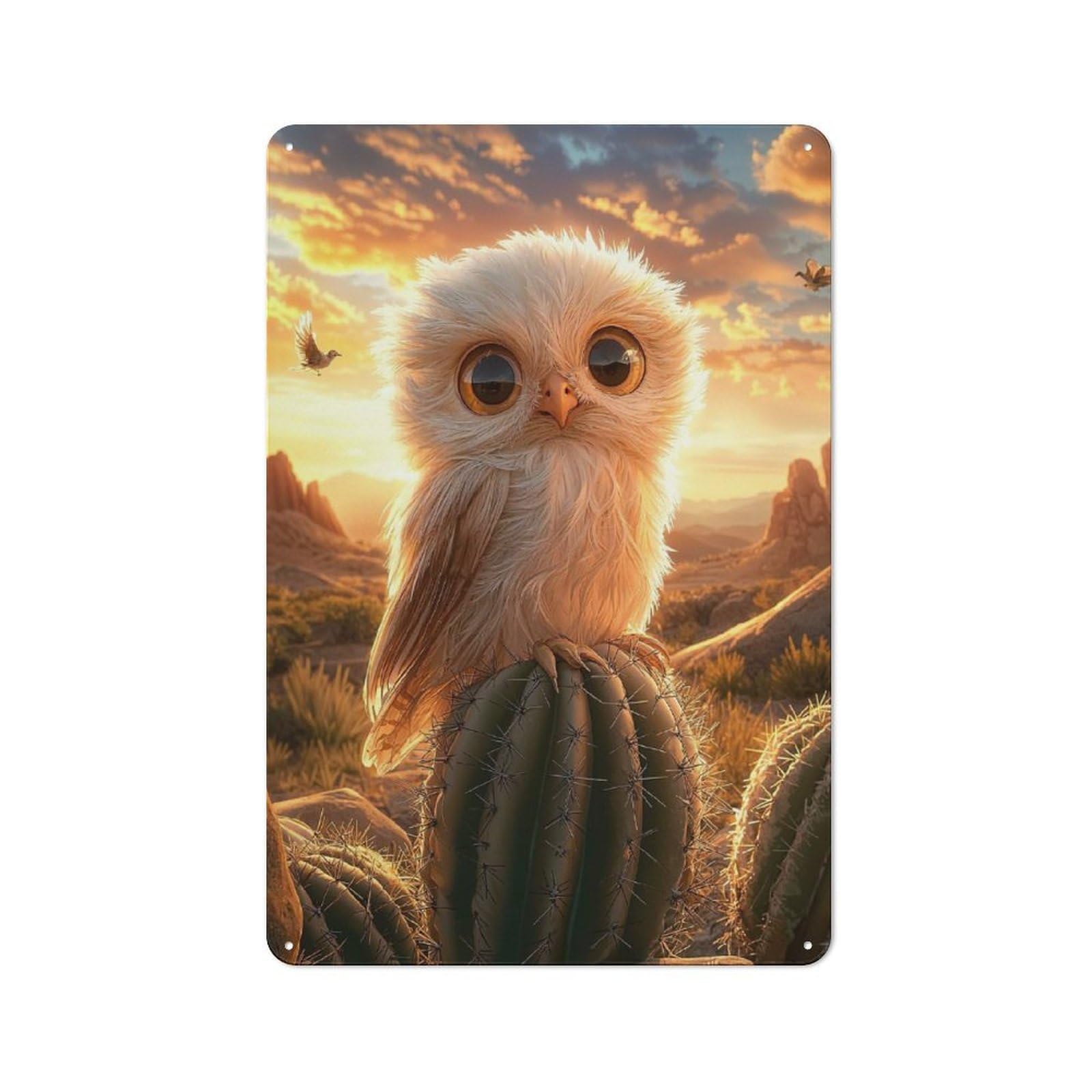 Junmoney Style-3 Cute Owl On Cactus Vintage Metal Wall Decor 30X20cm, Vintage Metal Sign For Cafe, Bistro, Bakery Or Restaurant