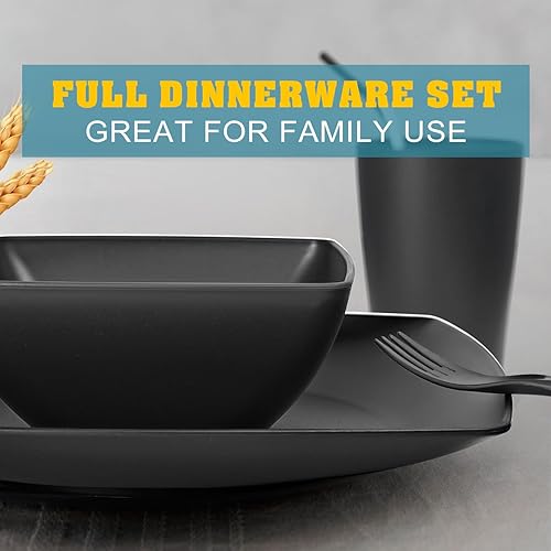 Miniatura 8 de Teivio Juego de vajilla cuadrada de paja de trigo de plástico de cocina de 56 piezas con cubiertos para 8, platos de cena irrompibles, cuencos para