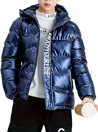 Boys Water Resistant & Shining Puffer Outerwear Jacket, Kids Hooded Padded Coat,Children Winter Warm Coat