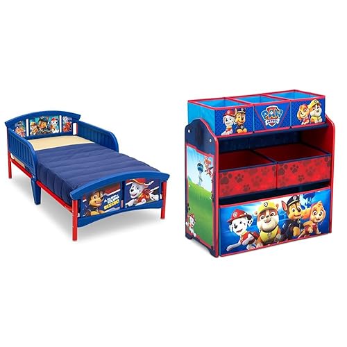 Delta Children Cama de plástico para niños pequeños, Nick Jr. PAW Patrol y organizador de juguetes de diseño y almacenamiento de 6 compartimientos,