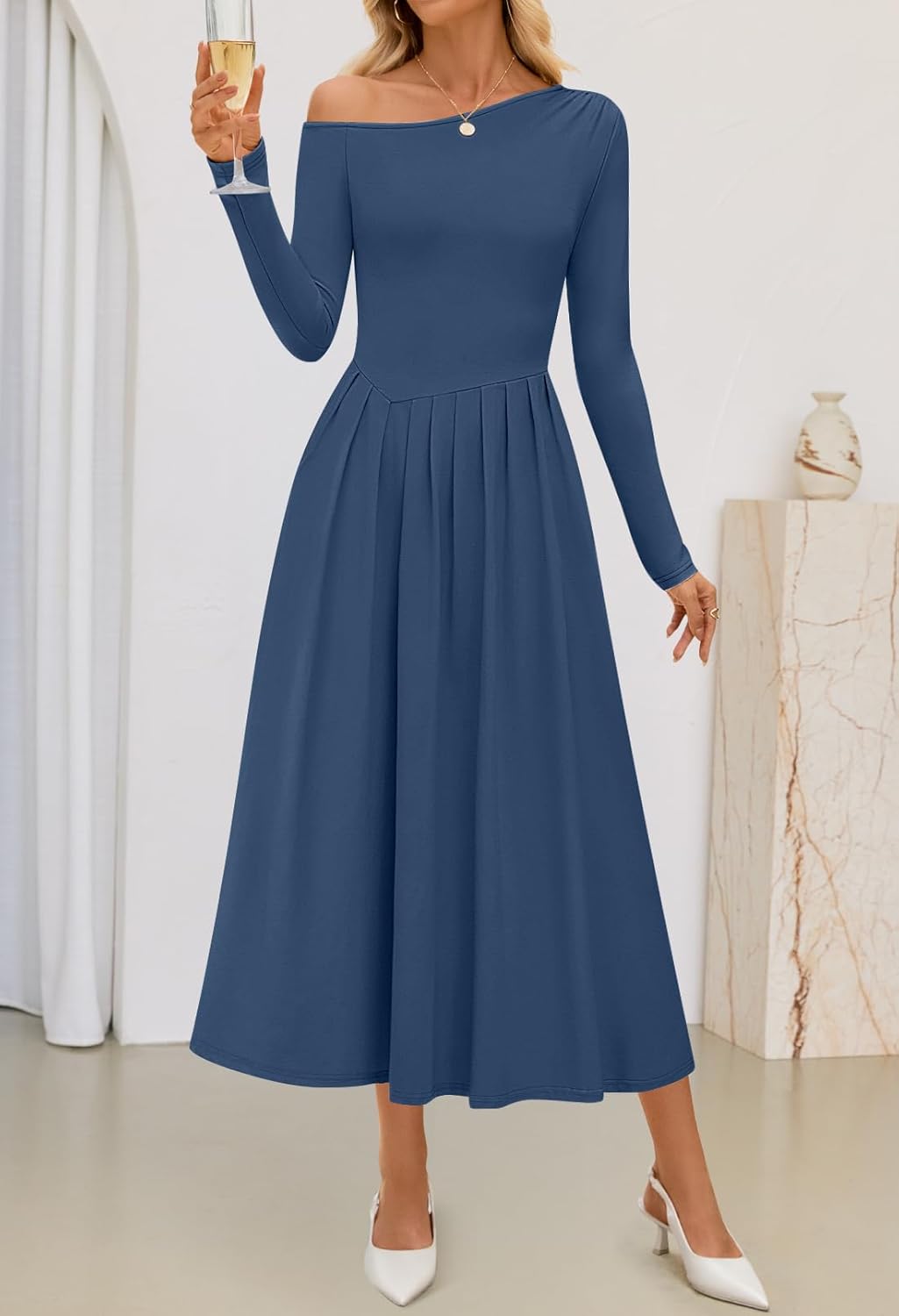 MEROKEETY Women's Fall Long Sleeve Wedding Guest Dresses 2025 One Shoulder Elegant Formal Pleated Midi Maxi Dress - Image 7