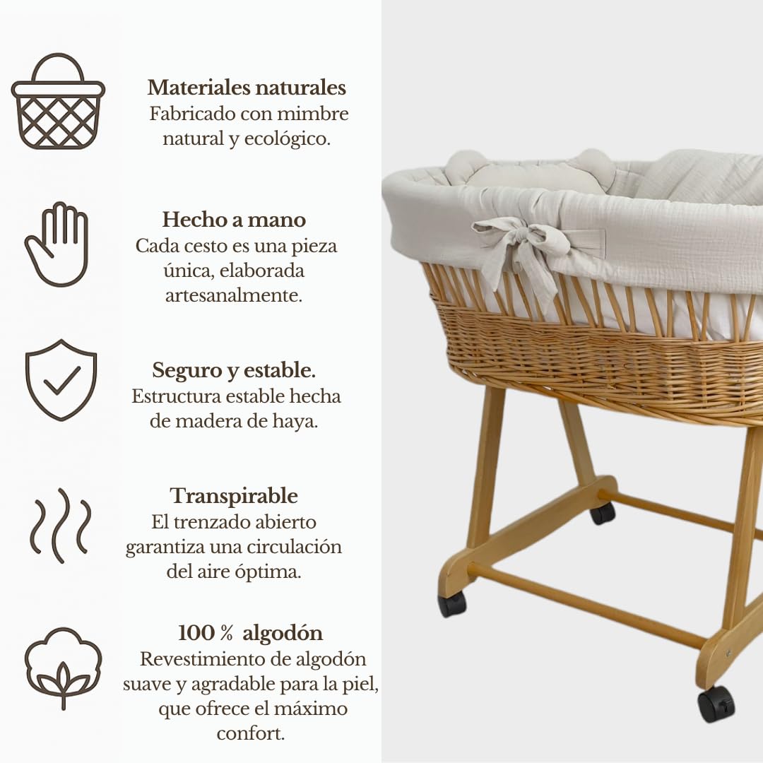 Wiklinopol Amelia moisés de mimbre con estructura y colchón – Cesta para bebé en color natural – Juego de ropa de cama de muselina beige – Cesta de mimbre portátil, ideal para recién nacidos