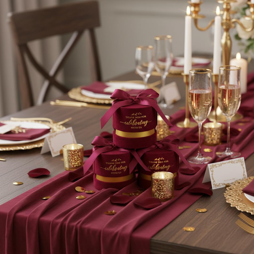 ponatia 6-Pack Burgundy Velvet Wedding Favor Boxes, 3.1×3.1'' Luxury Candy Boxes with Gold Foil Print & Ribbons, Pefect Gift Box for Wedding, Bridal/Baby Shower & Birthday Party Favors - Image 8
