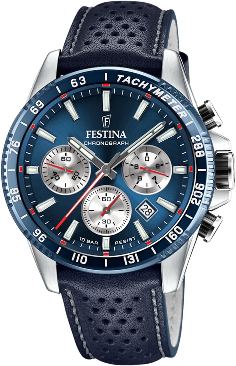 Men's Watch F20561/2 Timeless Chronograph Stainless Steel Case 316L Silver Blue Leather Strap
