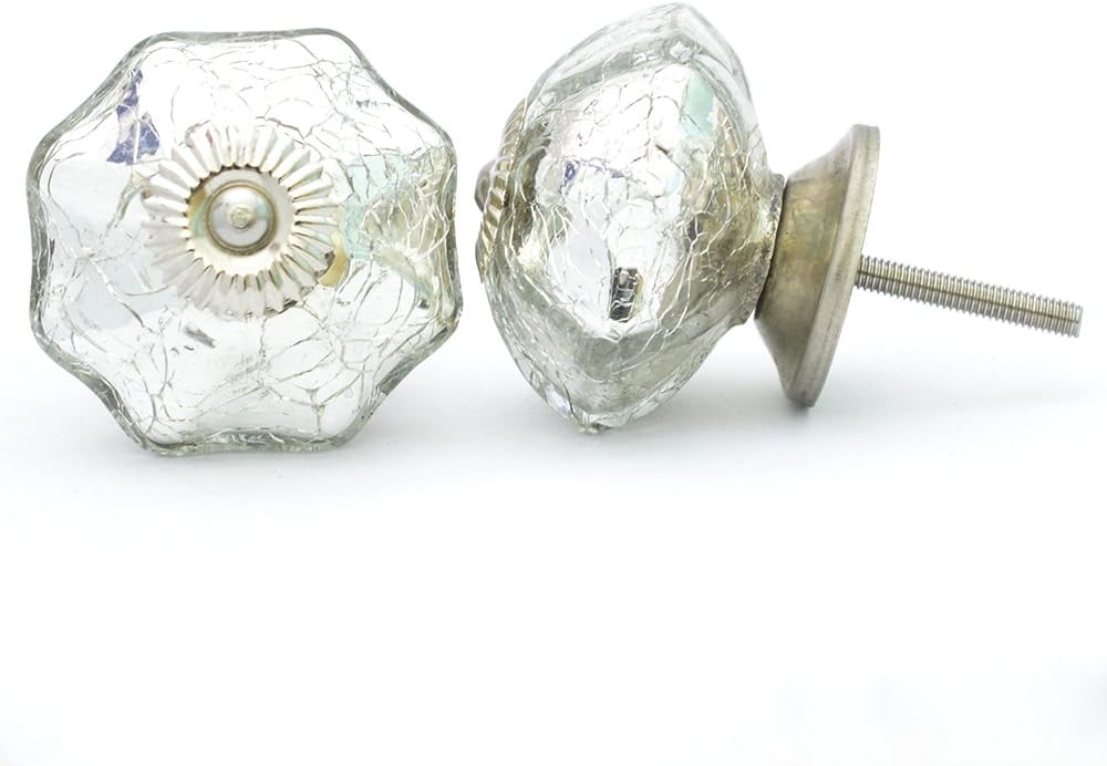 CASADECOR Glass Crackle Silver Decorative Door Knobs- Pulls for Cabinet/Girls Dresser/Kids Cupboard/Kitchen Drawer Handles with Hardware Attached, Pack of 6, Silver.
