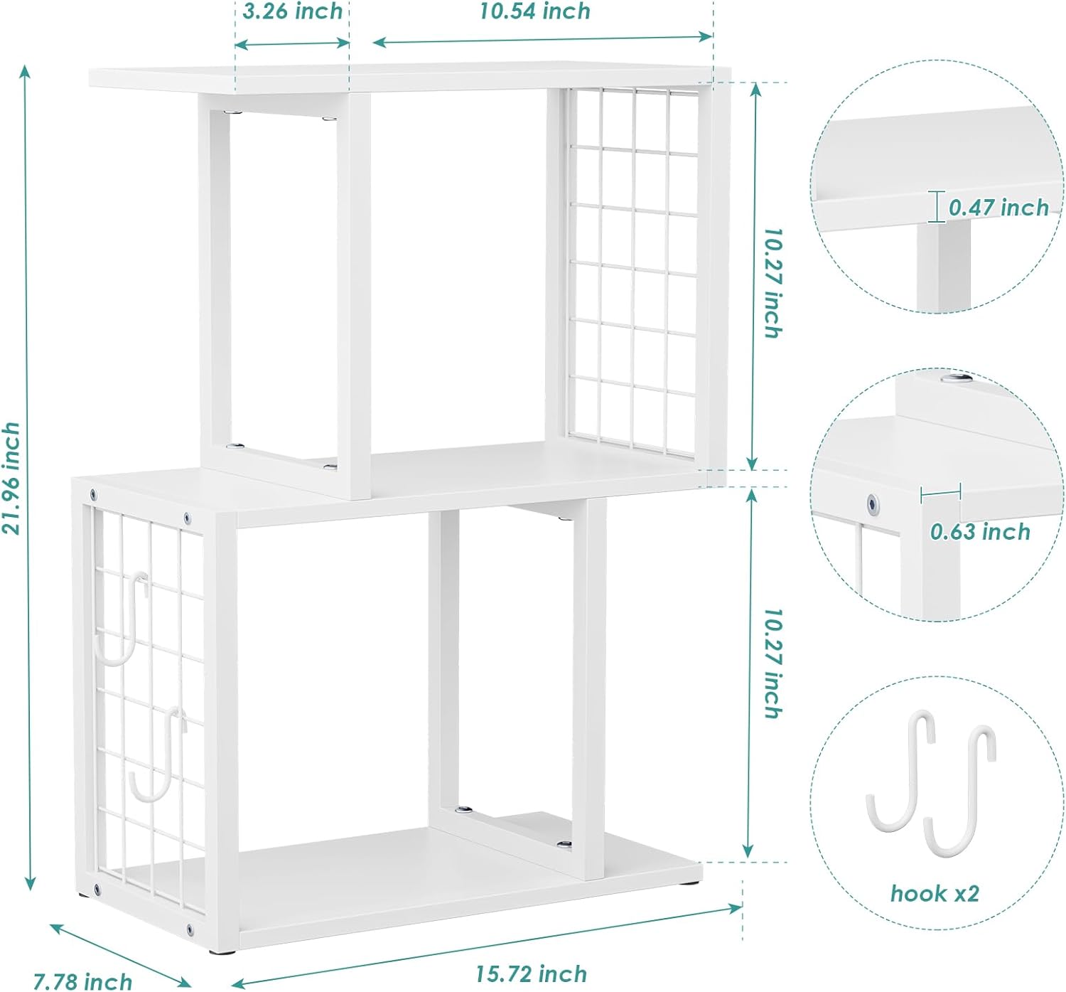 Desktop Bookshelf Organizer, White 3-Tier Desk Shelf with Metal Hook Workspace Organizers for Desk Organization and Office Storage Table Bookcase