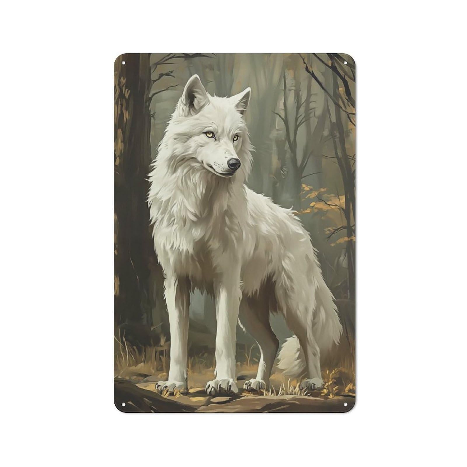Junmoney Style-19 White Wolf In Autumn Forest Retro Tin Wall Plaque 30X20cm For Hobby Room Or Studio, New Home Wall Decor For Hobby Room Decor Fans
