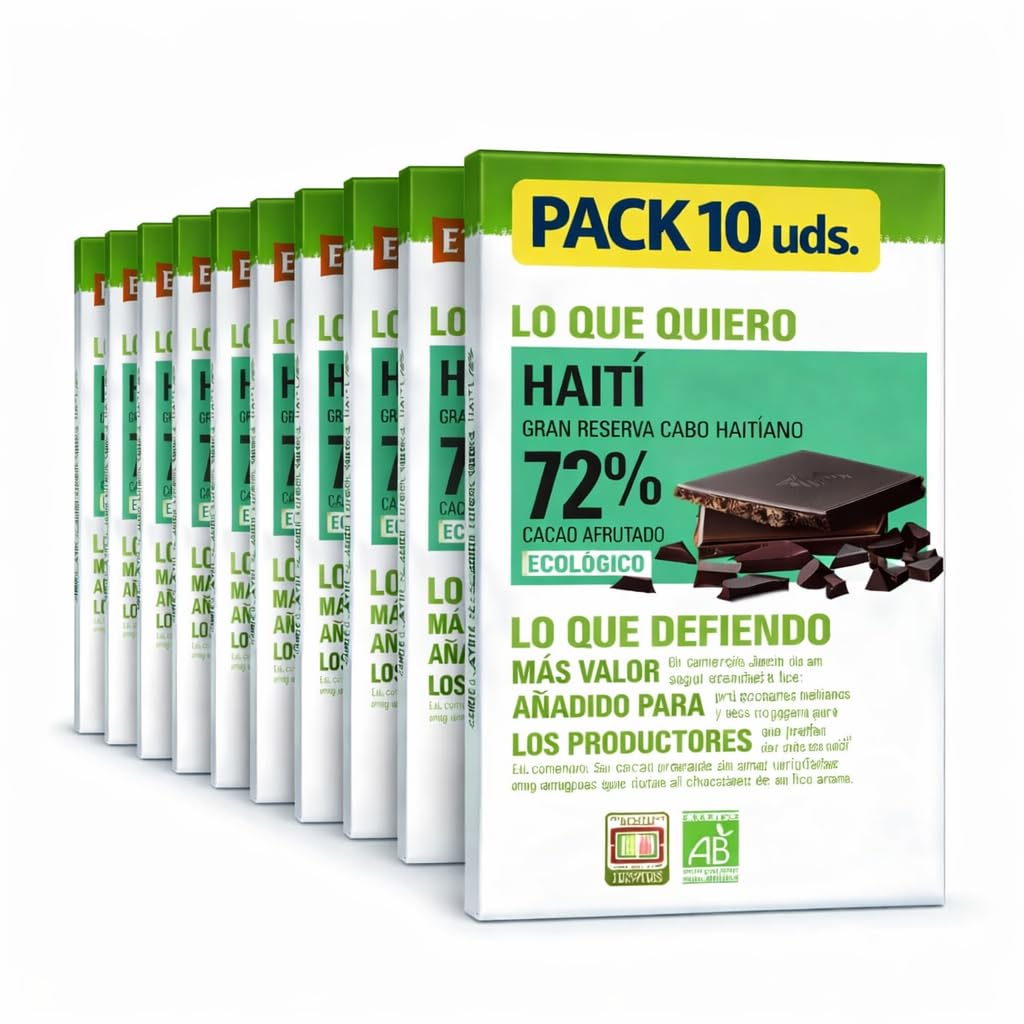 Pack 10x Chocolate Negro 72% Haití Ethiquable Bio 100 g | 10 Tabletas de 100 g (Total 1 kg) | Cacao Ecológico de Origen Haití | Sabor Intenso y Aromático | Comercio Justo