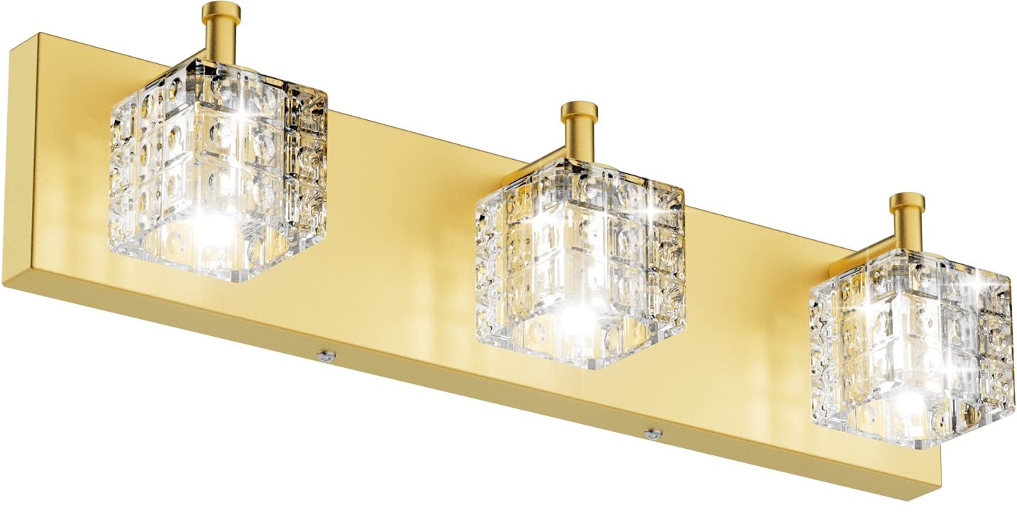 Ralbay Gold Bathroom Vanity Light Fixtures 3 Lights Gold Modern Crystal