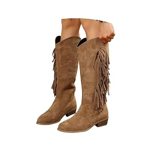 Womens Fringe Western Boots Suede Block Heel Retro Riding Boots Slip-On Cowboy Booties