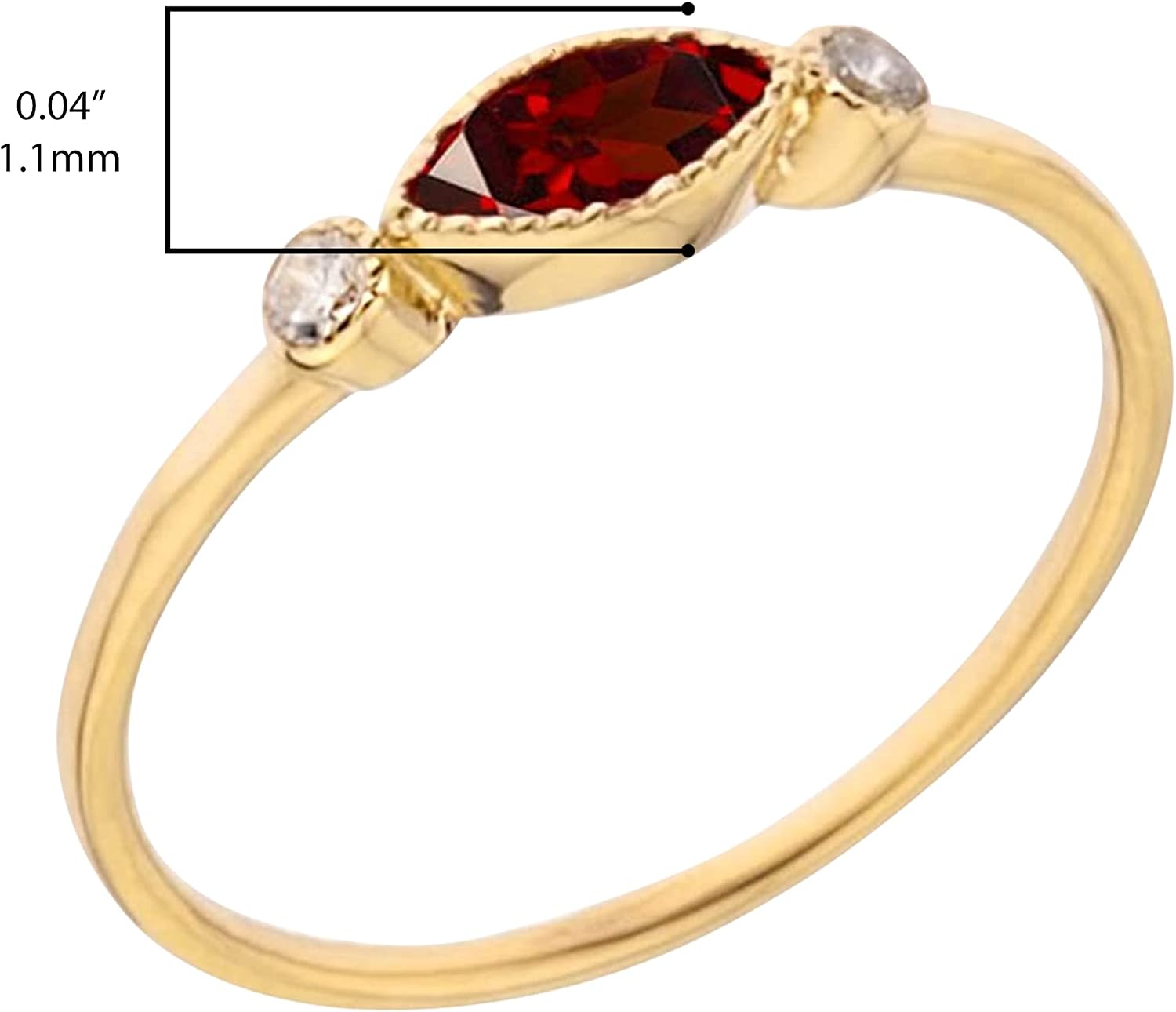 10K Yellow Gold, Marquise Cut Red Garnet & White Topaz Three Stone Bezel Set Milgrain Stackable Birthstone Engagement Ring - Size 11