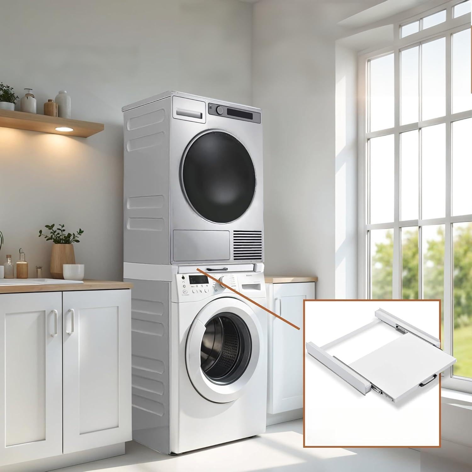 MONDII Kit di Unione Universale per Lavatrice e Asciugatrice, con Ripiano Estraibile, Cinghia di Sicurezza Inclusa, Compatibile 60 cm, Installazione Facile, Struttura Stabile e Antiscivolo