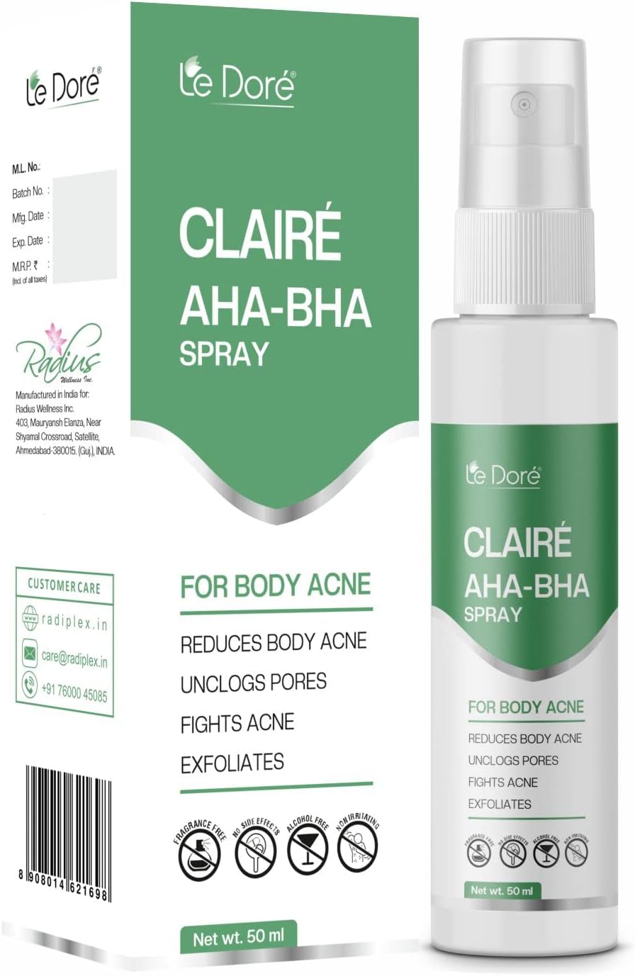 Claire AHA-BHA Spray | With Salicylic Acid, Niacinamide & Tea Tree Oil for Acne Breakouts & Bump Control on Shoulder & Back | 50 ml