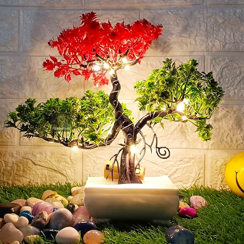 Image of Artificial Plants with LED Light | Artificial Tree | Plastic Plants| Artificial Plants with Pot | Home Decor Items | Indoor Decorative Tree with Pot | Perfect for Every Place (Red Green)