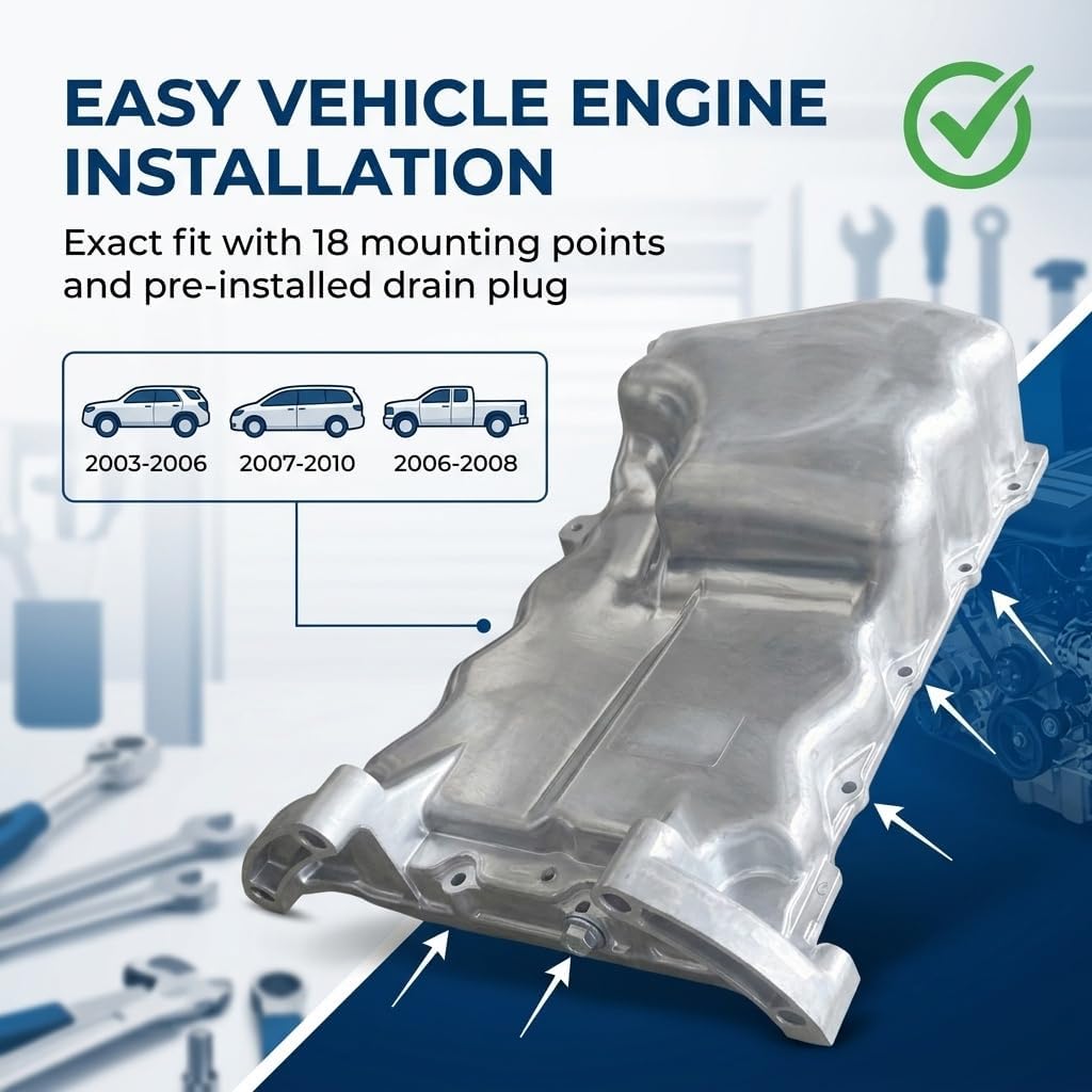 Engine Oil Pan with Drain Plug Compatible with Acura MDX 2003-2006 Honda Odyssey 2007-2010 Pilot Ridgeline 2006-2008 V6 3.5L Replace: 264-485, 11200RDJA00