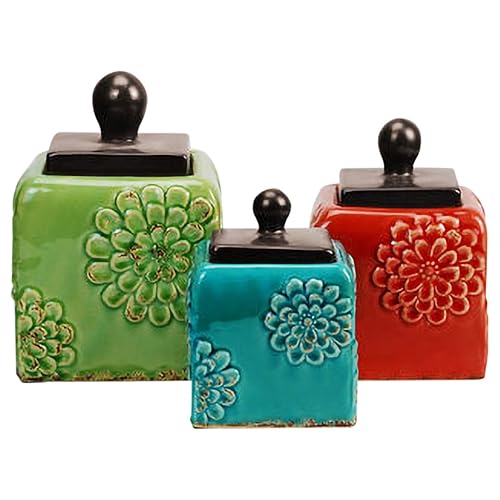 Colourful Tea Coffee Sugar Canisters Red Blue Green Floral Design