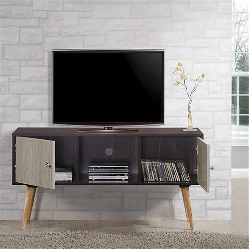 Miniatura 4 de Hodedah Soporte de TV de estilo retro con dos puertas de almacenamiento y patas de madera maciza, color chocolate