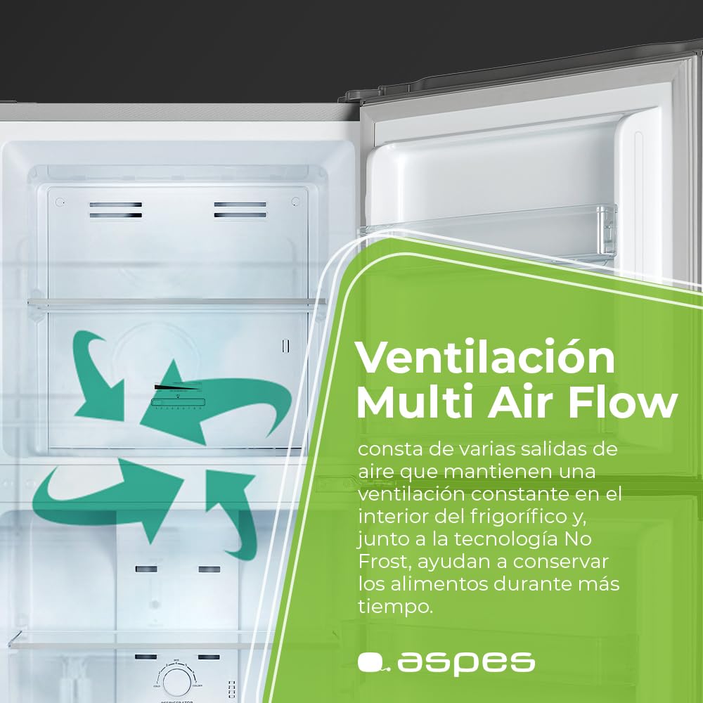 Aspes Frigorífico 2 Puertas Inox AF1675501ENFX. Capacidad 251 Litros, Puerta Reversible, Bajo Nivel Sonoro, Eficiencia Energética Clase E