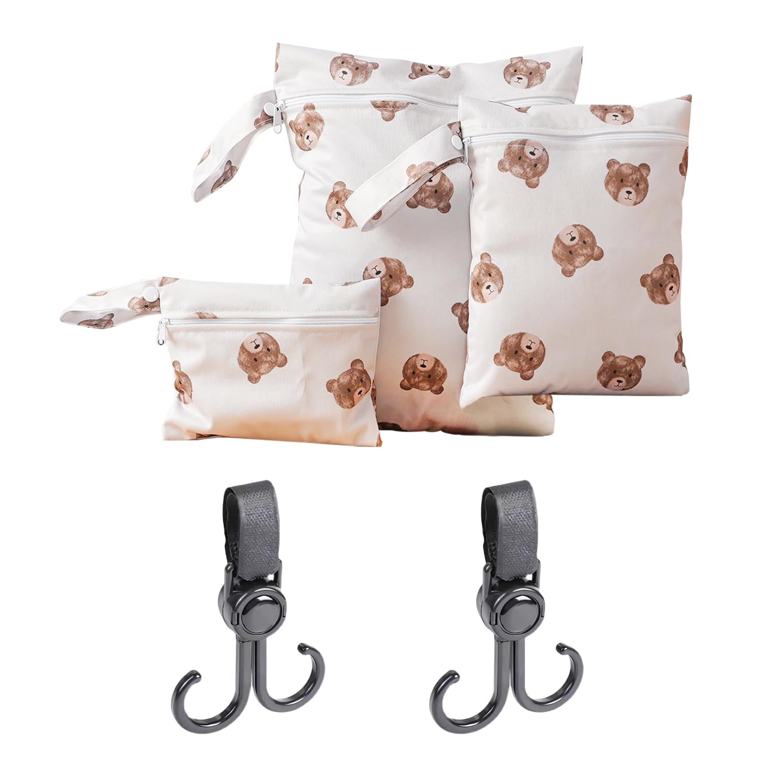 GDFHBD 3 Pieces Of Portable Waterproof Diaper Bags, 2 Pieces Of Stroller Hooks, Portable Baby Products Storage Bags