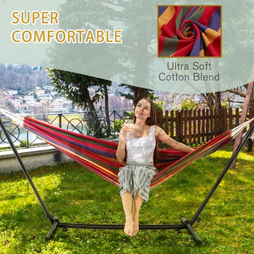 Erommy Hammock With Stand Included, 9Ft Portable Camping Hammock With Space Saving Carrying Bag, Outdoor Double-Bar Heavy Duty Cotton Rope Hammock For Patio Porch Park, 300Lbs Capacity, Rainbow Stripe #TOP4
