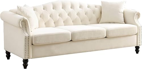 Miniatura 9 de Bellemave Sofá Chesterfield de 79 pulgadas para 3 plazas, sofá Chesterfield de terciopelo para 3 personas con dos almohadas, cabeza de clavos,