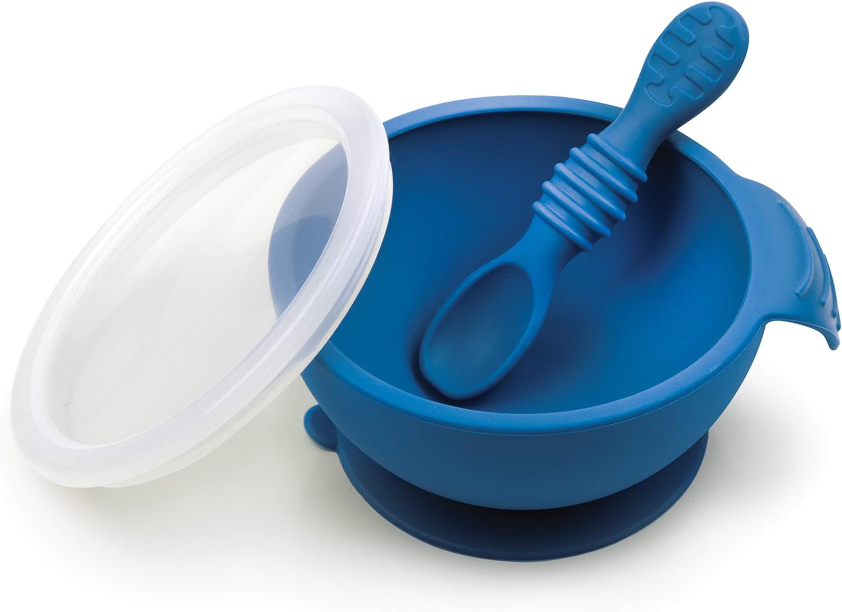 Bumkins First Feeding Set - Bowl With Suction Base, Lid, Spoon, Baby Led Weaning, BPA-Free, Microwave/Dishwasher/Freezer Safe, 100% Silicone, Deep Blue