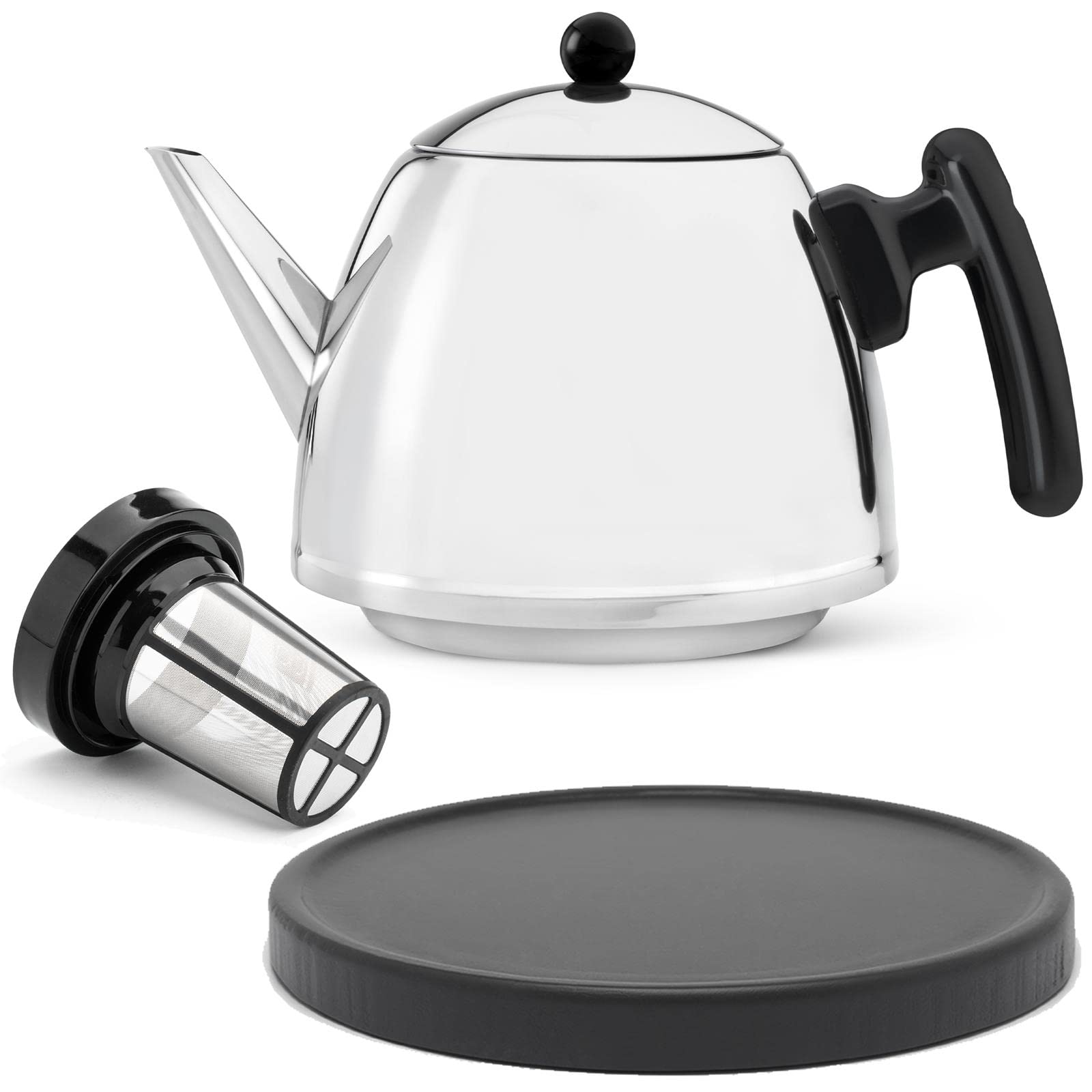 Bredemeijer Teekanne Set 1.2 Liter - Edelstahl doppelwandig silber glänzend - Kleiner klassischer Teebereiter mit Tee-Filter-Sieb-Aufsatz für losen Tee - inkl. Holz-Untersetzer schwarz