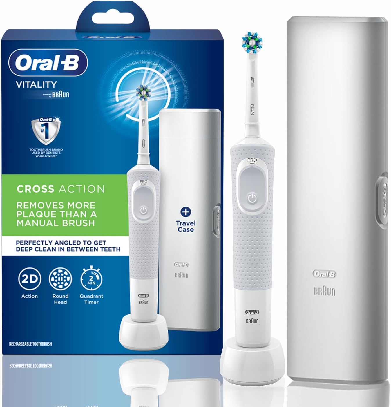 Oral B Vitality Criss Cross Electric Rechargeable Toothbrush with Travel Case, with replaceable brush head included (White colour)