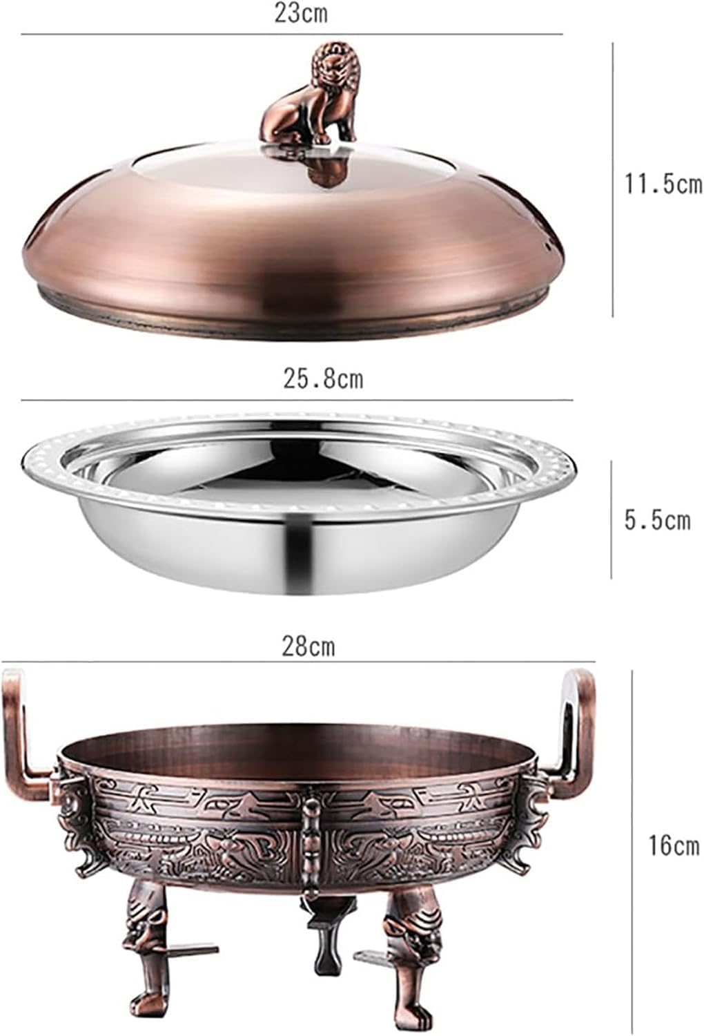 Calentador De Alimentos Redondo Comercial, Juego De Calentador De Acero Inoxidable Y Cobre con Bandejas para Alimentos, Soporte De Aluminio, Tapa Visible Y Red Copper 28CM