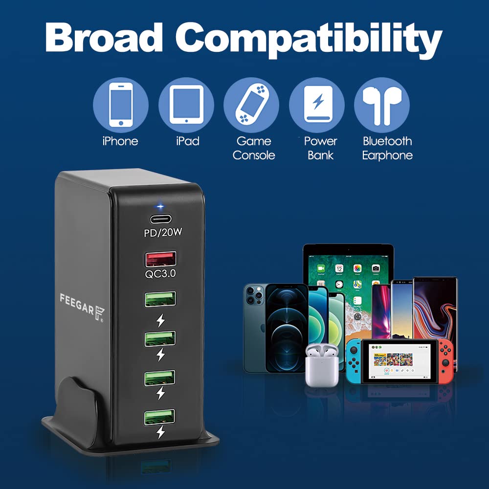 Stacja ładująca Feegar Tower 86W USB 6-portowa ładowarka sieciowa na biurko, przenośna wieloportowa ładowarka USB z 6 USB-A i USB-C PD Quick Charge QC 3.0