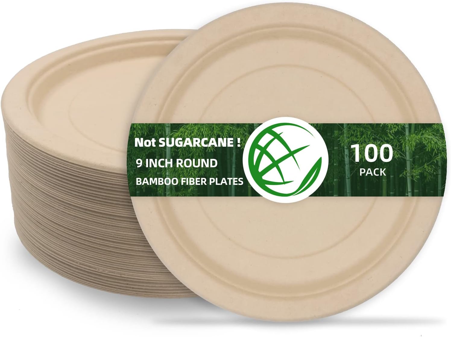 ZHUZHIYUAN 9 Inch Compostable Disposable Plates [100 Pack], 100 Bamboo Fibre Heavy
