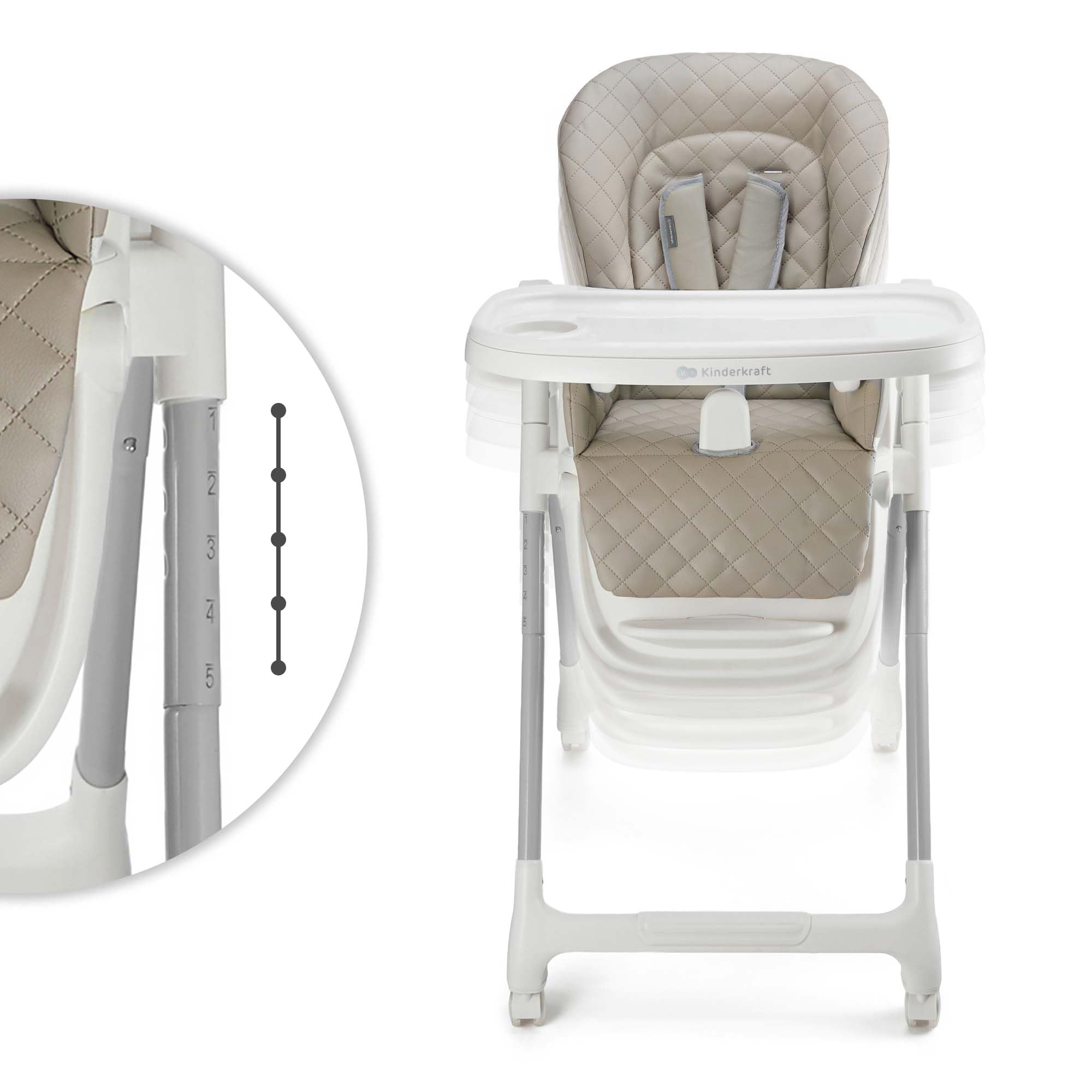 Kinderkraft TULO - Trona 3 en 1, silla infantil, asiento elevador, hasta 25 kg, 5 posiciones de altura, 3 posiciones de respaldo, 3 posiciones de reposapiés, 4 ruedas giratorias con cerraduras, Beige