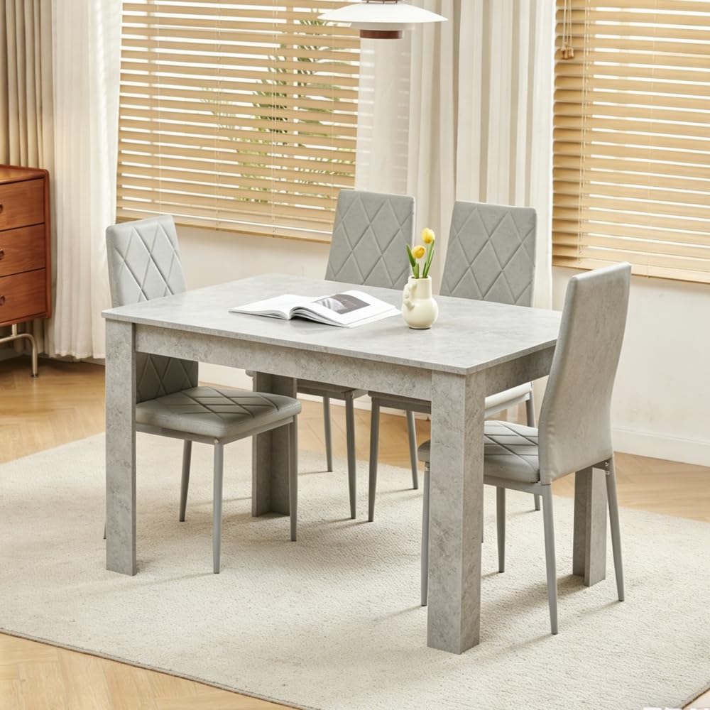 Menaka Wood Dining Table and Chairs Set of 4, Small Rectangular Kitchen Dinner Table with 4 Seaters (argyle grid grey leather chairs, 120m high gloss grey marble table, 4 seaters) — image 1