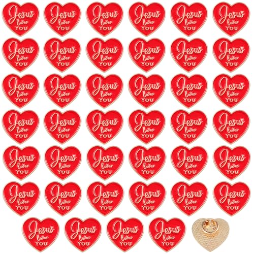 40 Pcs Religious Jesus Pins Bulk Christian Favors Includes Jesus Loves You Sign Lapel Pin Brooches Heart Pins for Church Sunday School Gift