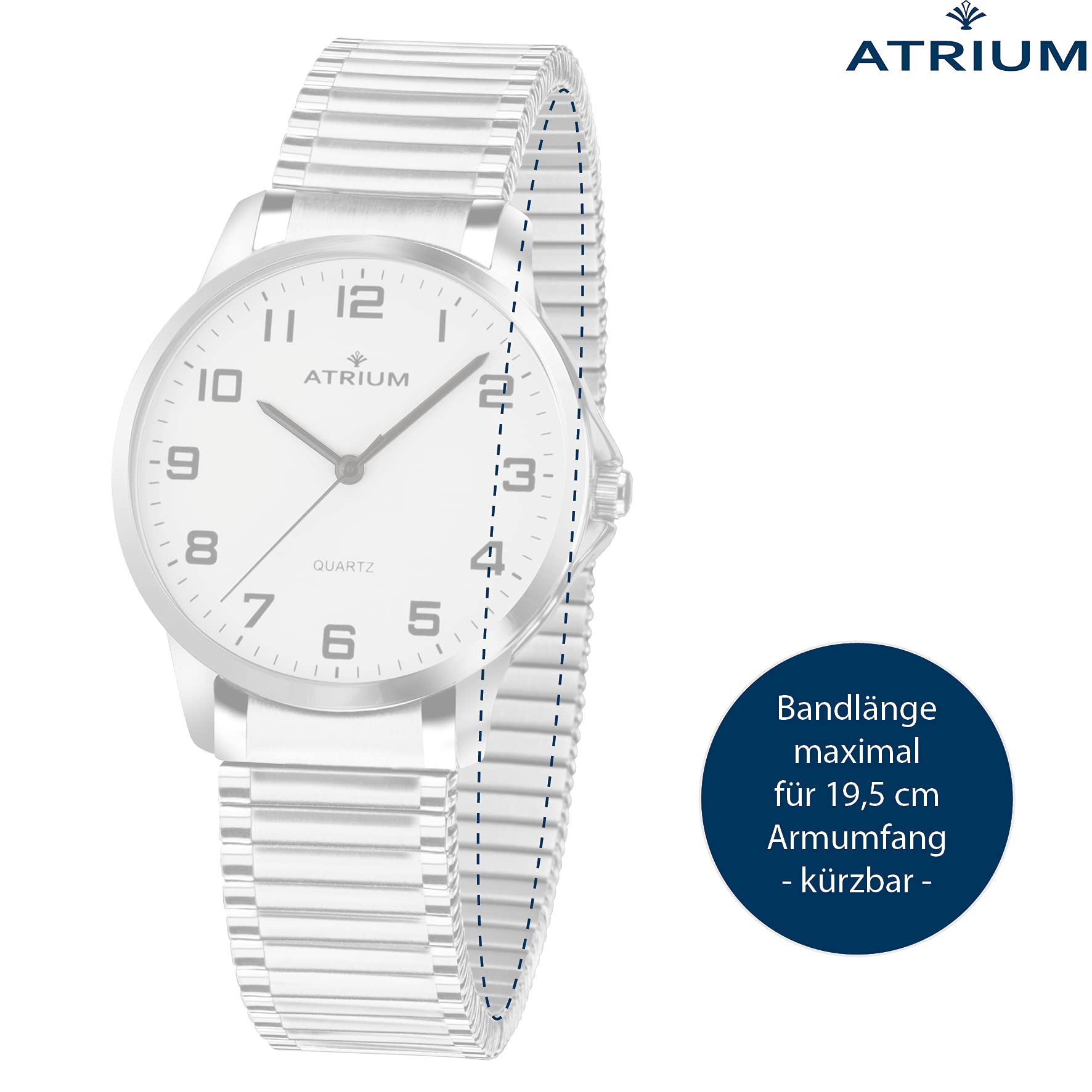 Atrium Damen Herren Armbanduhr sehr deutlich silberfarben Quarz 3 Bar Stahlband Zugband Flexband A36-50