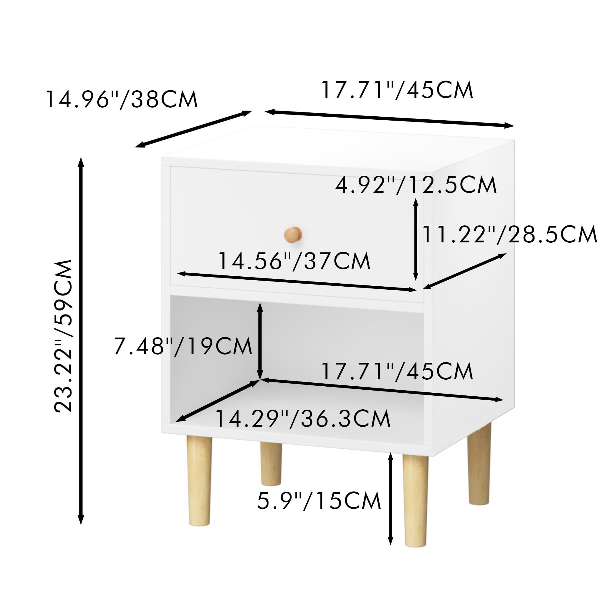SmartEdge Modern Nightstand with Drawers & Open Storage Shelf Wood End Side Table, Large Storage Space Bedside Table, Wood End Table Toddler Nightstands for Bedroom, Living Room, White