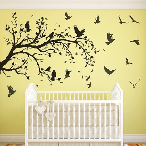 Miniatura 5 de Calcomanía de pared de ramas de árbol negro, pájaros voladores, 50 x 30 pulgadas, calcomanías de pared de hojas de pájaros, despegar y pegar,