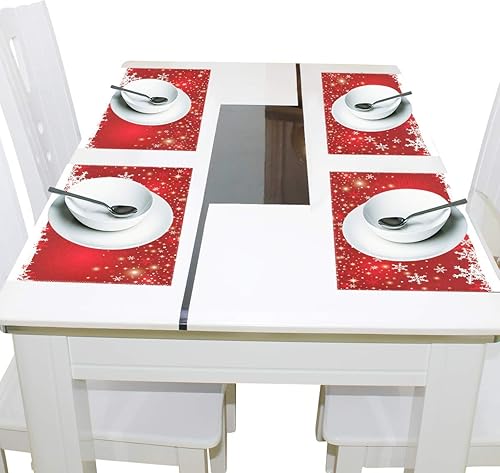 Miniatura 10 de Juego de 4 manteles individuales de Navidad con copos de nieve, color rojo búfalo a cuadros, para invierno, nieve, cocina, reversible, algodón,