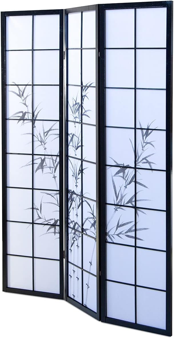PEGANE Paravent Japonais en Bois Noir avec Dessin Bambou de 3 pans