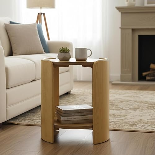 Miniatura 8 de DUOMAY Mesa auxiliar de madera, mesa auxiliar redonda de 15.5 pulgadas de ancho con estante de almacenamiento, mesita de noche moderna de mediados