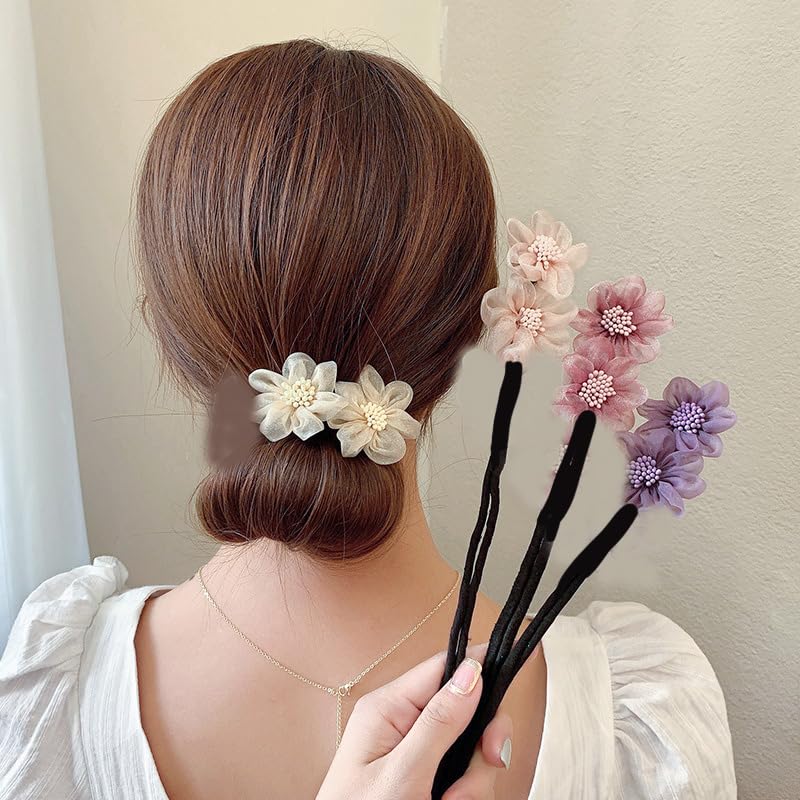 ZAVVU & KRIZOUS 6 Pcs Korean Floral Hair Clips for Women Girls, Handmade Flower Hair Pins with Pearls, Fancy Hair Accessories for Long Hair Bun Juda Traditional Wedding Party Clip Set – Multicolor.