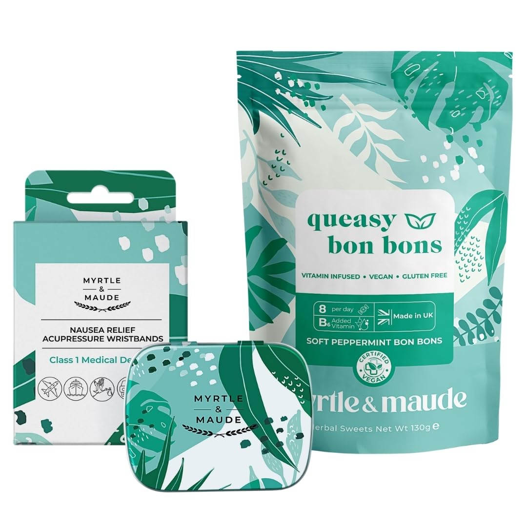 Myrtle & Maude - Instant Nausea & Morning Sickness Relief Bundle - Contains Nausea Relief Acupressure Wristbands and Queasy Days Vitamin B6 Peppermint Bon Bons - All Natural Solutions – Vegan, 2